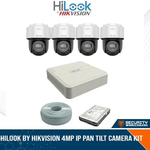 HiLook by Hikvision 4MP IP Pan Tilt Camera Kit - 8ch NVR with 8 POE - 4 x 4 MP IP Pan Tilt 0X DarkFighter IR Network Speed Dome - 1TB HDD - 100m Cat5 cable