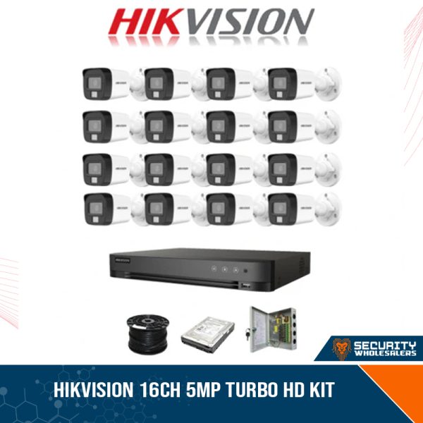 Hikvision 16ch 5MP Turbo HD kit - HD DVR - 16 x 3K 5MP Smart Hybrid Light Audio Camera - 2TB HDD - 100m Cable - 20m Night vision