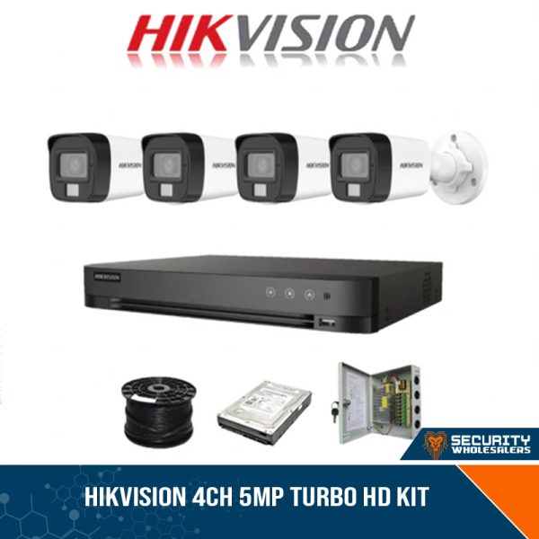 Hikvision 4ch 5MP Turbo HD kit - HD DVR - 4 x NEW! 3K 5MP Smart Hybrid Light Audio Camera - 500TB HDD - 100m Cable - 20m Night vision