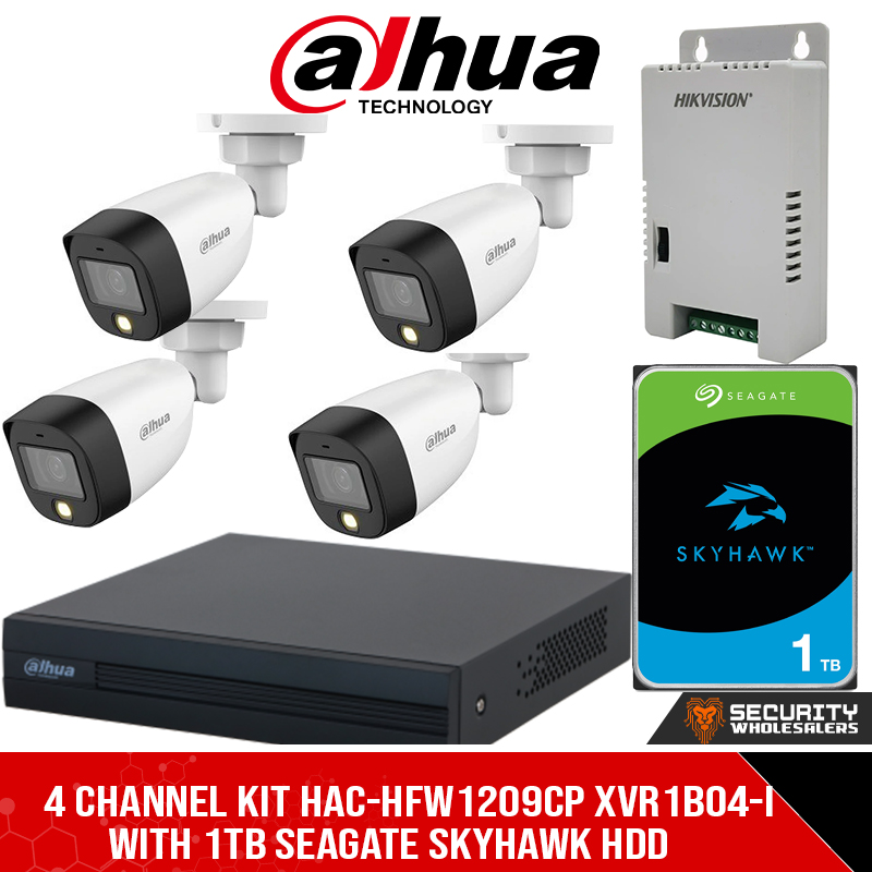 FULL-COLOR 4 CHANNEL KIT HAC-HFW1209CP XVR1B04-I DS-2FA1225-C4(EUR) WITH 1TB SEAGATE SKYHAWK HDD
