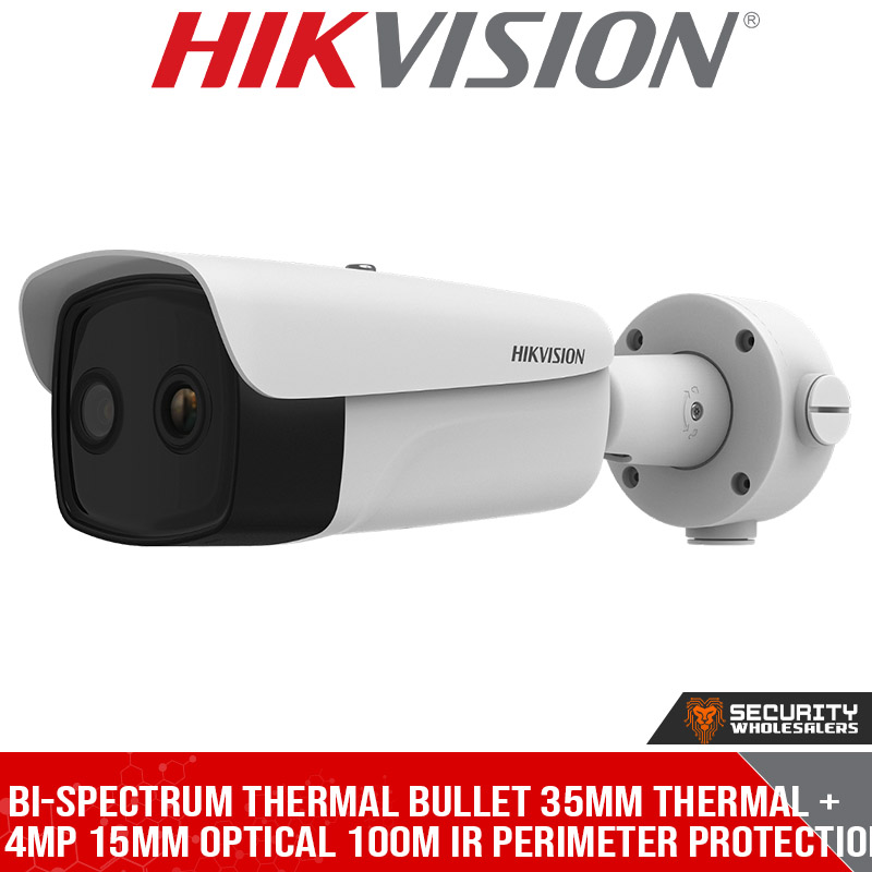 Bi-spectrum thermal bullet 35mm thermal + 4MP 15mm optical 100m IR perimeter protection VCA Fire detection VCA 12VDC/24VAC/POE (DS-2TD2637-35/QY)