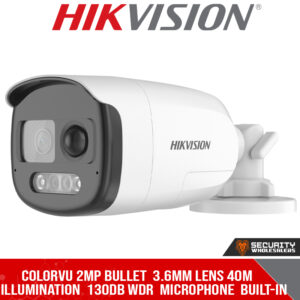 ColorVu 2MP bullet  3.6mm lens 40m illumination  130dB WDR  microphone  built-in strobe-light & siren  12VDC (DS-2CE12DF3T-PIRXOS_C)