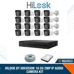 HiLook by Hikvision 16 Ch 2MP IP AUDIO camera kit - 16ch NVR with 16 POE - 16 x 2MP IP cameras 30m IR - 2TB HDD - 305m Cat5 cable