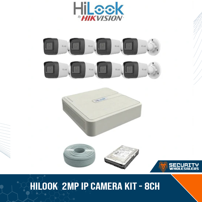 SALE! HiLook by Hikvision 2MP IP camera kit - 8ch NVR with 8 POE - 8 x 2MP IP cameras 30m IR - 1TB HDD - 100m Cat5 cable