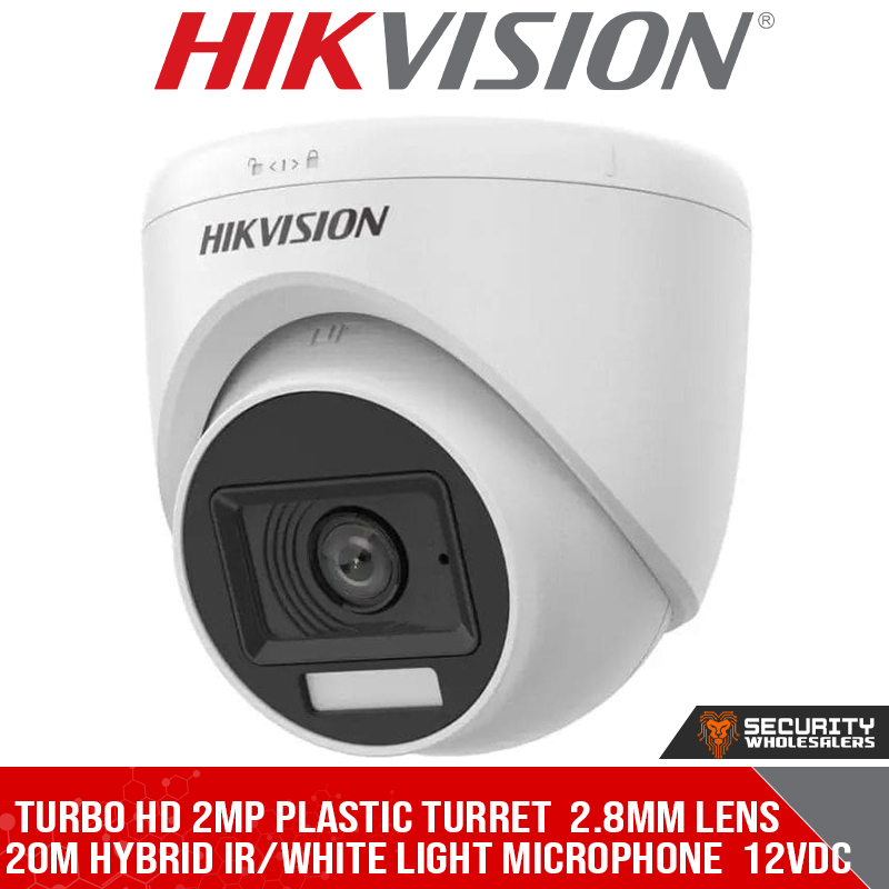 Turbo HD 2MP plastic turret 2.8mm lens 20m hybrid IR/white light microphone 12VDC (DS-2CE76D0T-LPFS 2.8MM)