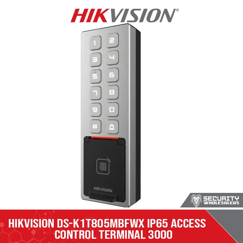 Hikvision DS-K1T805MBFWX IP65 Access control terminal 3000 fingerprint capacity 10 000 card capacity Pin pad 1 relay output WiFi 12VDC