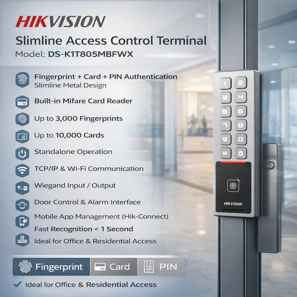 Hikvision DS-K1T805MBFWX IP65 Access control terminal 3000 fingerprint capacity 10 000 card capacity Pin pad 1 relay output WiFi 12VDC - Image 3